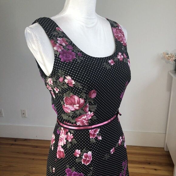 Vtg 90s Y2K K Petite Chiffon Black Polka Dot Dress 6P Pink Floral A Line Flirty - Picture 10 of 12